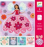 Fairy princess in a pink floral ball gown with white wings on a purple flower-filled background; Djeco stencil set cover.