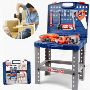 Toy tool set for kids with drill and saw on a metal workbench; child and adult playing in the background.