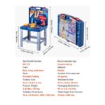 Portable kids' tool bench with blue plastic surface and metal legs, shown with assorted toy tools; image includes unfolded dimensions and packed case measurements and 56 accessories shown visually.