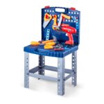 Children's toy workbench with blue tool chest and orange tools, including a red drill and saw set for pretend play.