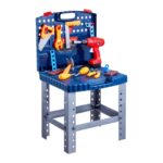 Blue plastic toy workbench with a pegboard backdrop, assorted orange and yellow toy tools, and a red cordless drill for pretend play.
