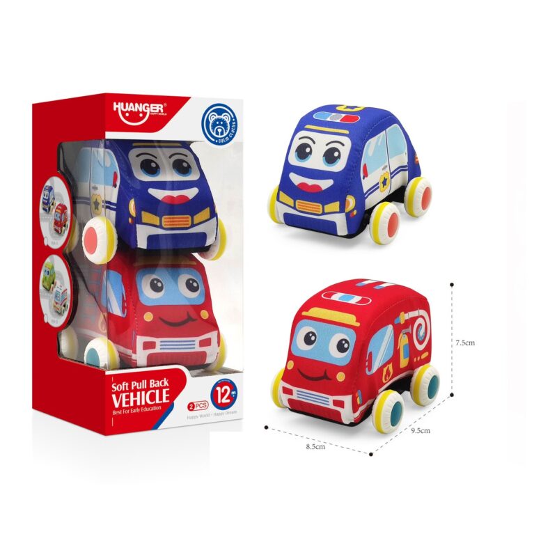 Soft pull-back vehicle set for kids featuring blue police car and red rescue vehicle with smiling faces, shown with packaging and size hints on right (dimensions labeled).