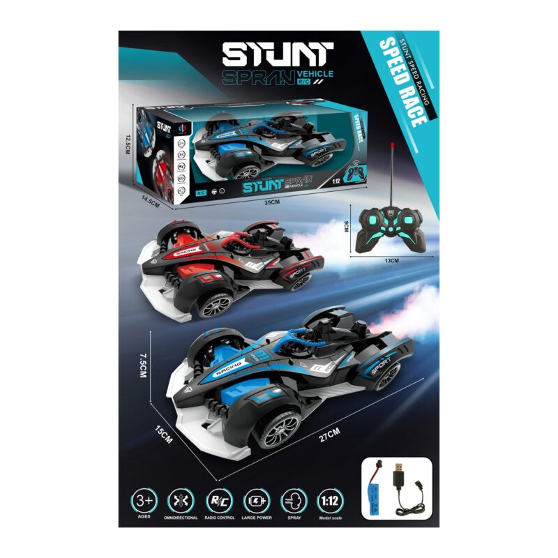 Remote-controlled stunt car set with three blue, red, and black racing cars, box, and controller shown; includes charger and battery, 1:12 scale, for ages 3+.