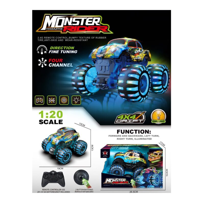 RC monster truck with oversized blue wheels on a black packaging, labeled 1:20 scale, showing remote controller and '4x4 Drive' branding and features