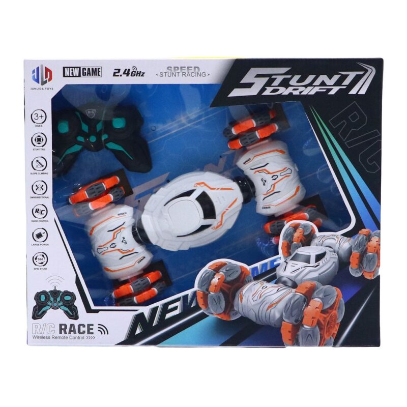 Boxed RC stunt racing set featuring white and orange robot-like cars on a blue background with packaging text