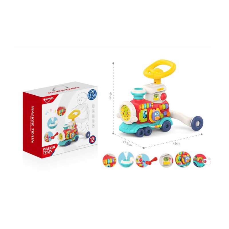 Colorful plastic ride-on toy train for toddlers with a large yellow steering wheel, multiple colorful blocks and buttons, shown next to its red-and-white packaging box labeled 'Walker Train' (12m+). Dimensions shown on the image imply a roughly 41 cm tall, 48 cm long toy.