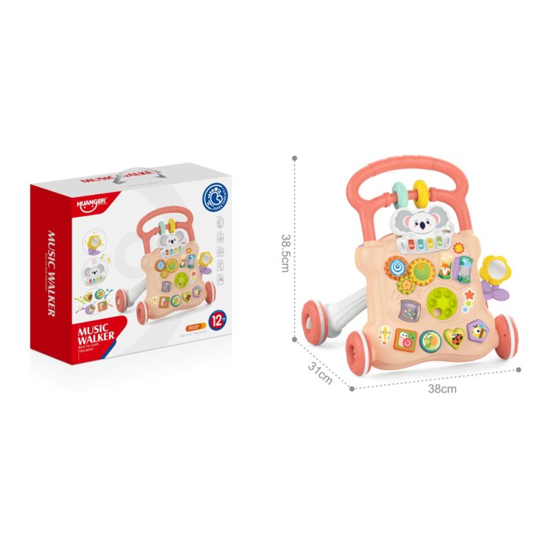 Baby music walker toy with interactive panels and wheels, displayed beside its red and white packaging labeled Music Walker; dimensions shown as about 38 cm across and 31 cm depth.