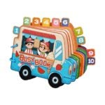 Colorful toy van labeled Busy Book with numbered tabs extending from the back, designed for kids.