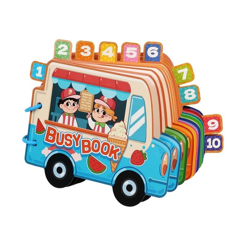 Colorful toy van labeled Busy Book with numbered tabs extending from the back, designed for kids.