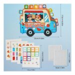 Colorful Busy Book toy van with number blocks, showing activity pages and pegboard panels; size annotations include van and page dimensions.