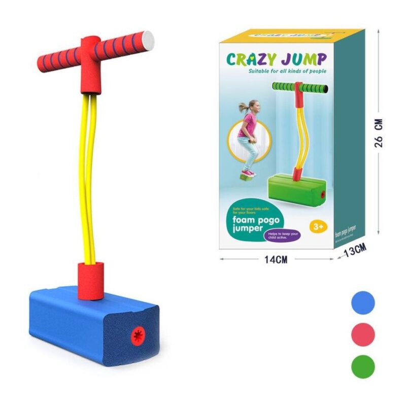 Foam pogo jumper toy with blue base, yellow spring and red handle, pictured with product box showing dimensions 26 cm tall and blue/red/green color swatches.