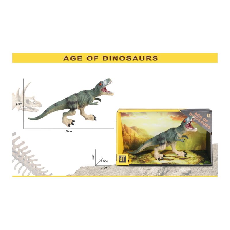 Product image of a dinosaur toy with its yellow boxed packaging; measurements show 26 cm long and 13 cm tall on a white background.