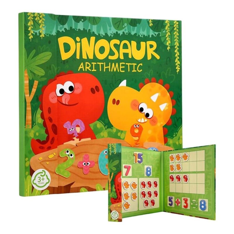 Children's dinosaur arithmetic book cover with two friendly dinos in a jungle; small inset shows number grid activities.