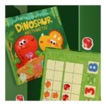 Colorful children's arithmetic game box titled 'Dinosaur Arithmetic' with friendly dinosaurs and a green activity board beside it.