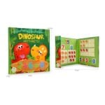 Colorful children's book titled 'Dinosaur Arithmetic' with friendly dinosaurs on the green cover; opens to a workbook with numbers and math grids for practicing addition.