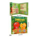 Open dinosaur arithmetic activity book showing grid-based math puzzles with colorful number tiles for kids