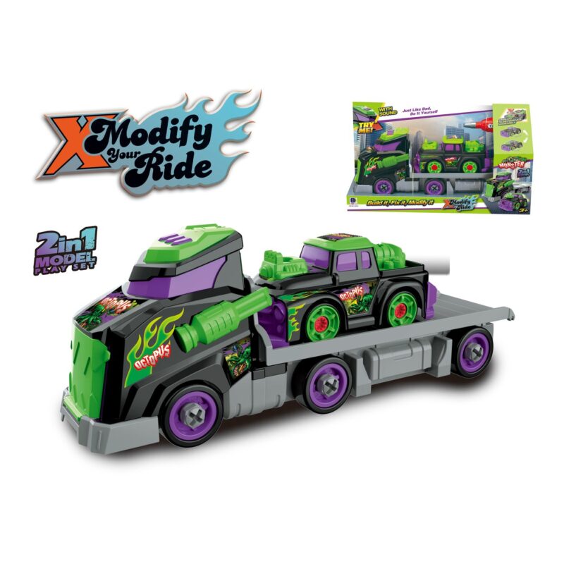 Two-in-one monster truck play set with a bright green and purple truck on a gray trailer, packaging visible in the background.