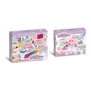 Two lavender packaging boxes for a bead jewelry kit, showing colorful beads and shapes on the front panel (Make Cute Jewellery).