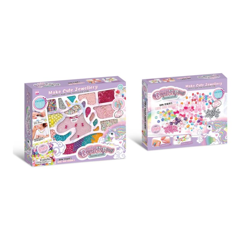 Two lavender packaging boxes for a bead jewelry kit, showing colorful beads and shapes on the front panel (Make Cute Jewellery).