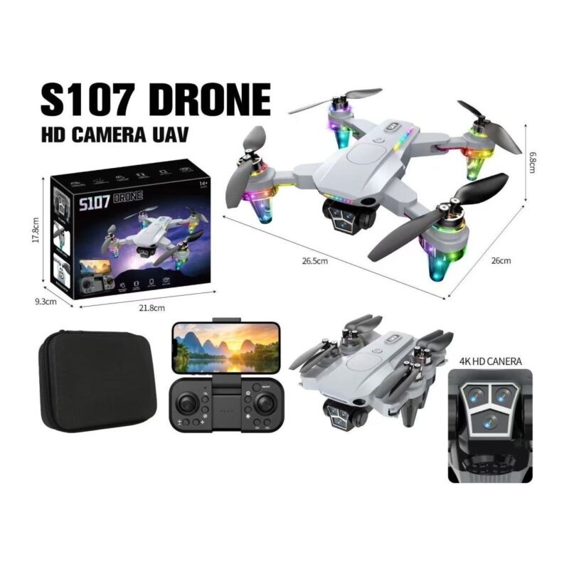 S107 Drone HD Camera UAV kit with four-prop quadcopter, LED lights, remote controller, smartphone, and carrying case.