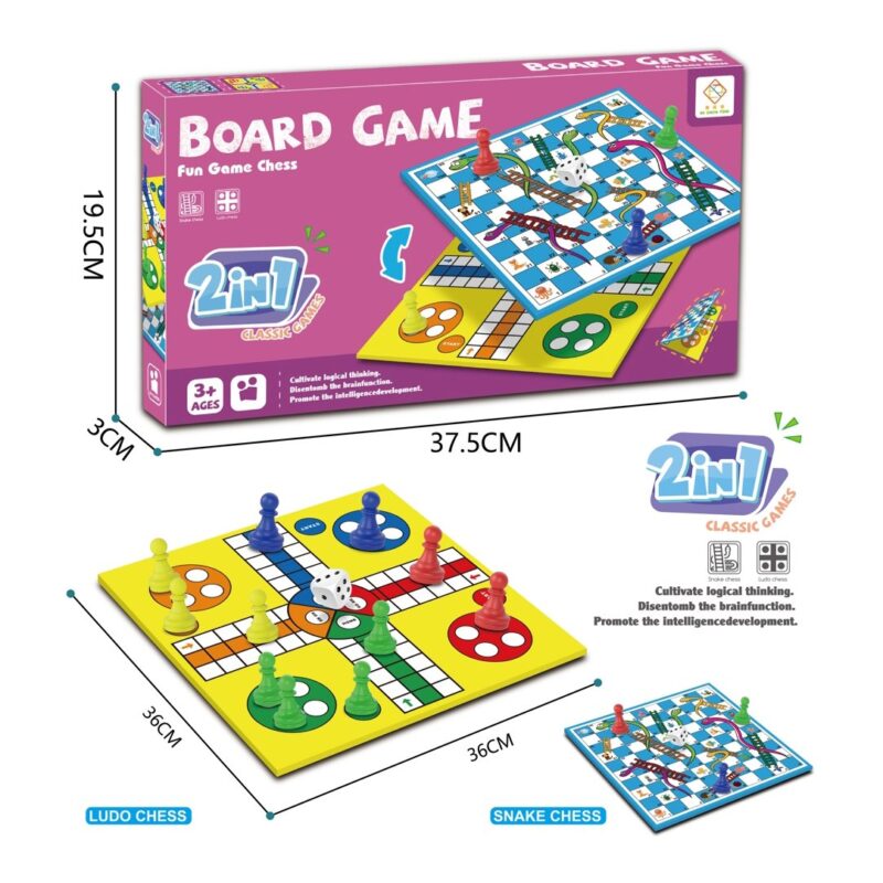 Boxed 2-in-1 Classic Games set featuring Ludo Chess and Snake Chess on colorful boards with dice and pawns; packaging shows purple design and dimensions.