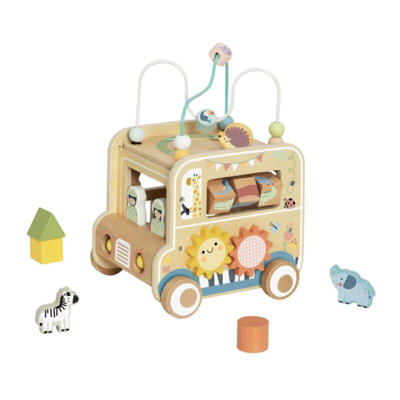 Wooden busy toy bus with animal shapes and beads for fine motor play (educational kids' toy)