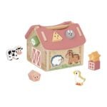 Wooden toy barn with pink roof, animal shapes, and removable blocks for imaginative play.
