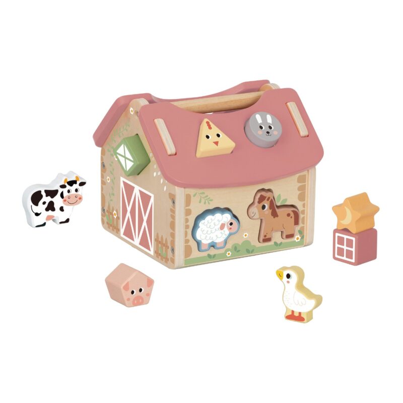 Wooden toy barn with pink roof, animal shapes, and removable blocks for imaginative play.