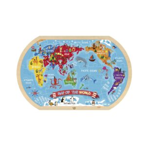 Colorful children's world map puzzle with animals and labeled continents on a blue ocean background