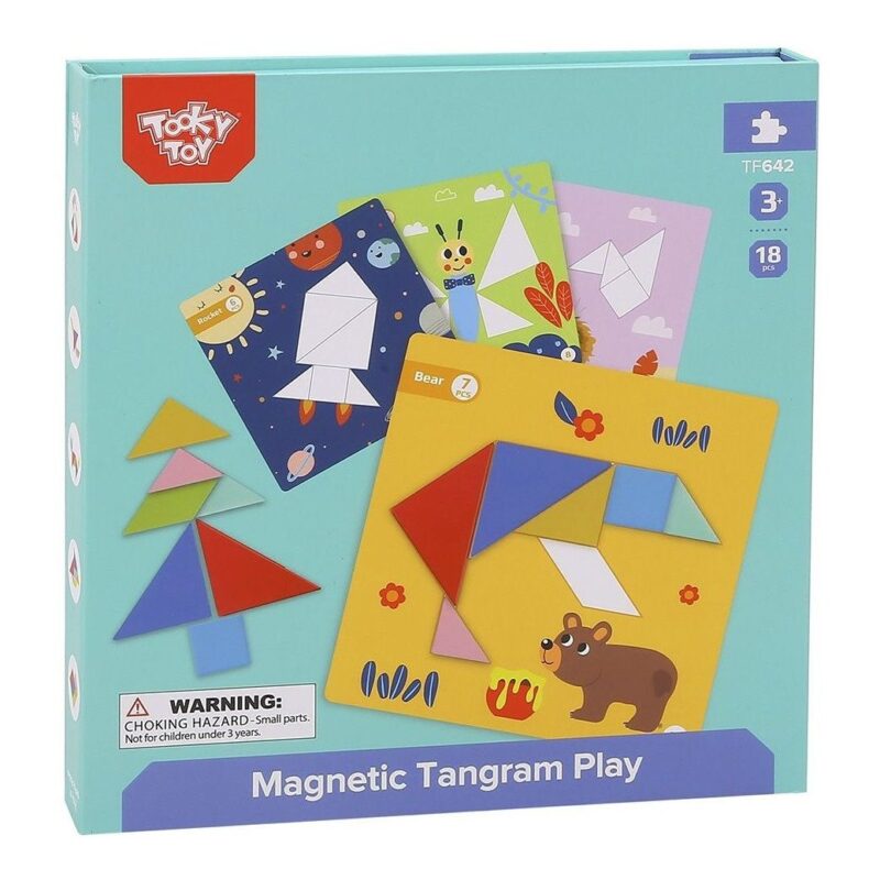 Magnetic tangram playset box with colorful shapes and bear illustration on yellow panel; highlights 3+ age and 18 pieces (Toy packaging).