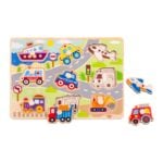 Colorful wooden puzzle board showing a road scene with vehicles (ambulance, police car, train, ship, plane) and extra pieces to the side.”,