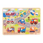 Colorful wooden puzzle with vehicle shapes on a winding road: ship, airplane, ambulance, police car, fire truck, train, dump truck, all on pegs.