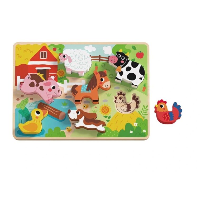A wooden farm puzzle board with colorful animals (cow, horse, pig, duck, sheep, hen) and a detachable red rooster piece to the side on green pasture.