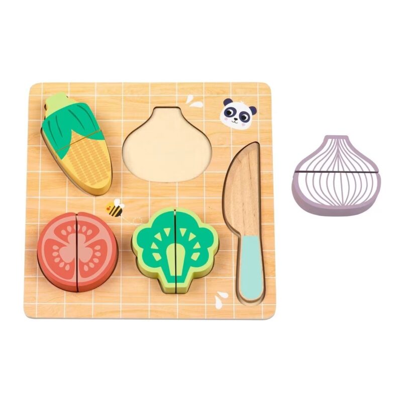 Wooden cutting board with colorful pretend veggies (corn, tomato, broccoli) and a wooden knife for kids' play. Includes a cartoon panda accent on the board.
