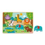 Colorful wooden animal puzzle for kids with pieces (owl, giraffe, lion, zebra, elephant, crocodile, bear) that fit into a jungle scene on a board.
