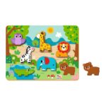 Colorful children's animal puzzle on a sunny jungle scene with giraffe, elephant, lion, zebra, crocodile and more; one bear piece nearby for fitting.