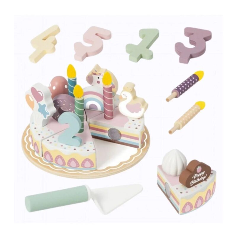 Pastel birthday cake decoration set with numbered candles 1–5 and toppers around a cute cake dish.