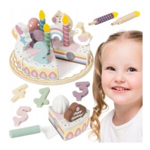 Pastel wooden birthday cake playset with candles, toppers, and rainbow layers, shown with a smiling girl on the right.