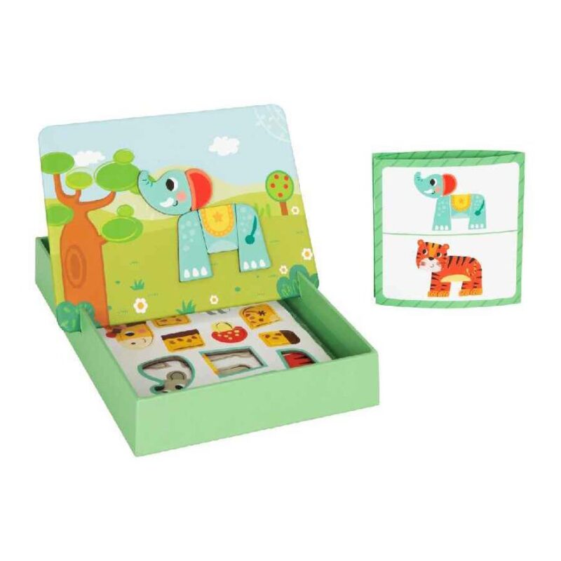 Colorful children's animal-themed felt book opened to a grassy scene with an elephant and a small box of matching animal cards on the side
