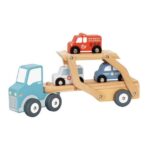Wooden toy truck pulling a two-level car carrier with red and blue miniature cars on the ramps.