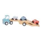 Wooden toy tow truck pulling a ramp with three small cars along it.