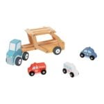 Wooden toy tow truck with four small wooden cars (blue truck, red car, white ambulance, blue police car).