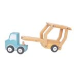 Blue wooden toy tractor pulling a natural wood trailer with four wheels, designed for kids