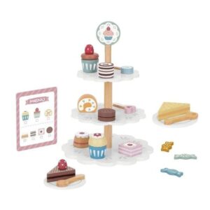 Illustration of a three-tier dessert stand with cupcakes, donuts, macarons, and cake slices, plus a pink menu board nearby.