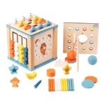 Wooden educational toy set with a clock cube, abacus beads, and shape pieces for early learning (colors: orange, blue, yellow).