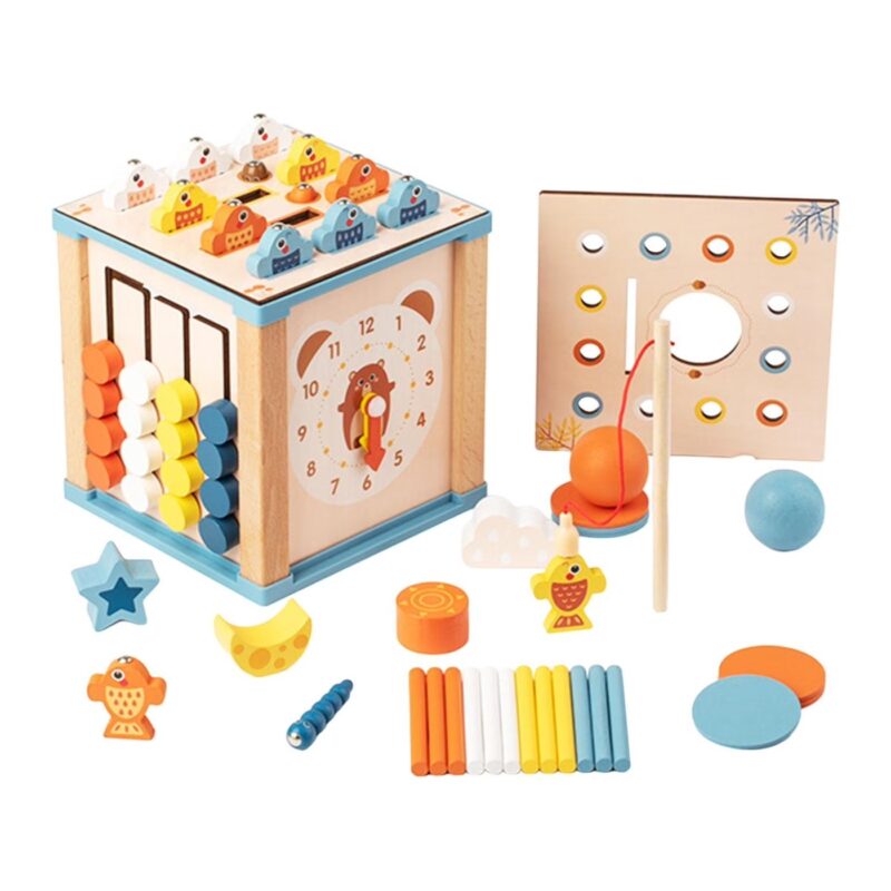 Edukativna-Drvena-Kocka-316496-Slika-1-20260512144926896691 Wooden educational toy set with a clock cube, abacus beads, and shape pieces for early learning (colors: orange, blue, yellow).