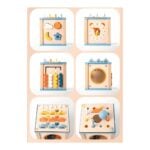 Six wooden Montessori-style toys in a peach grid: shape sorter, clock, colorful abacus, toy washing machine, and two peg/pegboard activity panels.
