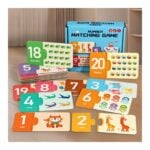 Colorful children's number matching game cards spread on a wooden floor, with animals and numbers from 1 to 20 and a blue box in the background.
