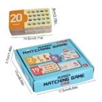 Blue game box labeled 'Number Matching Game' opened to reveal colorful number tiles and animal cards; a separate orange 20-card stack is shown nearby.