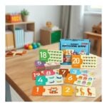 Boxed children’s number matching game on a wooden table with colorful number cards from 1 to 20 and animal pictures sides up on cards show a learning activity for kids
